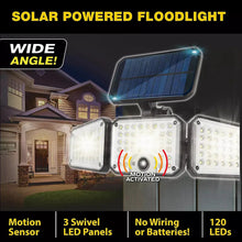 Solar powered floodlight with three LED panels, motion activated indicator, and solar top