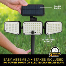 Solar powered floodlight with adjustable three LED panels and hinged solar panel