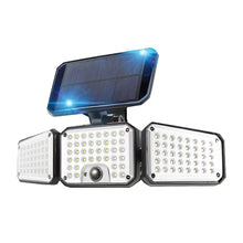 Solar powered floodlight with three LED panels, motion sensor, and blue-tinted solar panel