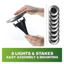 Solar disk lights with stakes for easy in-ground mounting, round stainless-steel LED faces