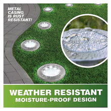 Solar disk lights with round stainless-steel LED faces placed on outdoor grass