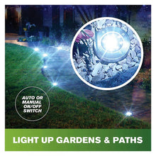 Solar disk lights illuminating a yard at night, round stainless-steel LED discs