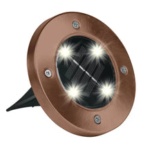 Bronze solar disk outdoor light with stake mount and four LED lights