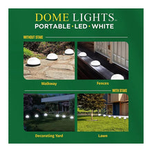 Solar dome lights, portable LED white, stake and use examples on box