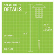 Solar pathway light details diagram showing lantern housing and long stake stem.