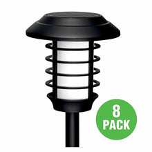 Black solar pathway stake light with lantern top and 8-pack badge.