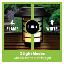 Solar lantern stake light showing warm flame and white light modes, black housing.