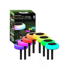 Solar pathway LED lights 8-pack with multicolor disc heads, retail box shown