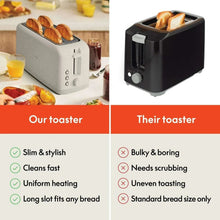 Two slim toasters shown side-by-side with toast in their long slots