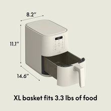 XL-basket slim air fryer, white, with open cooking chamber and pull-out handle