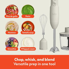 Immersion blender with whisk attachment and blending cup with recipe labels