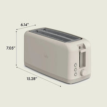 Cream 4-slice slim toaster with measurements, side lever and controls visible