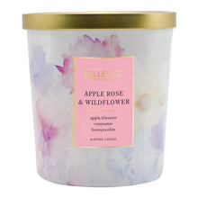 Scented candle jar with gold lid, lavender and pink marbled wax, label reads Apple Rose & Wildflower