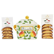 Hand-painted ceramic biscotti jar with lid, fruit-and-leaf pattern; two cookie packs