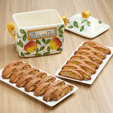 Hand-painted ceramic biscotti jar with fruit-and-leaf motifs, hinged lid and knobs