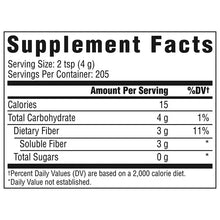 Supplement Facts label with calories, carbs, and dietary fiber per serving