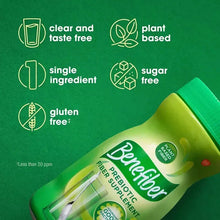 Benefiber prebiotic fiber supplement label with plant-based and sugar-free icons