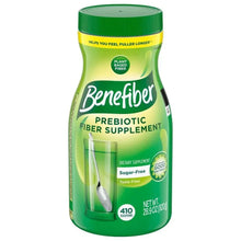 Prebiotic fiber supplement powder bottle with green label and screw cap