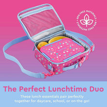 Bentgo kids lunch bag opened to show pink snap lunch box with divider; food inside