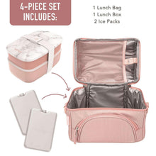 Bentgo 4-piece lunch set with pink mesh-lined bag, bento box, and ice packs