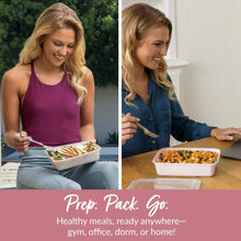 Pink reusable meal prep containers with lids in use, one compartment with food