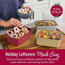 Deep-dish food containers with clear lids filled with cookies and prepared meals