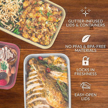 Deep-dish meal containers with clear lids, filled with assorted prepared food