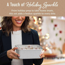Glittery deep-dish food storage container with clear lid, held in hands