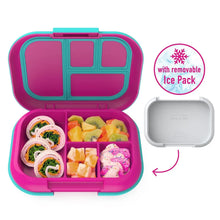 Insulated lunch box with purple lid and teal frame, open to meal compartments