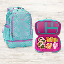 2-in-1 kids backpack with teal mermaid pattern and matching purple lunch box, open