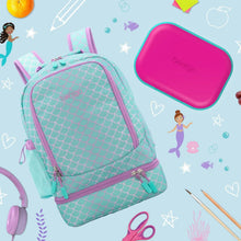 Teal mermaid-pattern kids backpack with pink lunch box accessory, front view