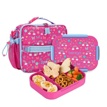 Bentgo kids 2-piece lunch set in pink with butterfly and rainbow print; lunch box and insulated bag