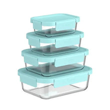 Bentgo glass food storage set with teal lids, stack of four containers