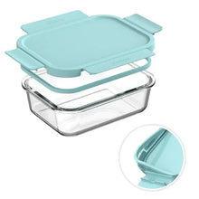Bentgo glass food storage container with teal lid and clear glass base, open top