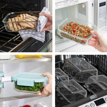 Bentgo glass food storage containers with teal lids used in oven and microwave