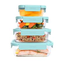 Bentgo glass food storage set with teal lids, stacked containers with visible food