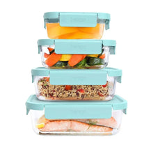 Bentgo glass food storage containers with teal snap lids, stacked with food inside