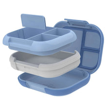 Blue lunch box with hinged lid and removable divider, open and stacked tray view