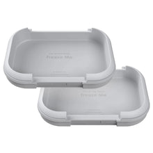 Light gray lunch box with hinged lid, open bottom compartment and top insert