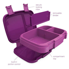 Bentgo Fresh lunch box with open lid, locking clips, and removable purple divider