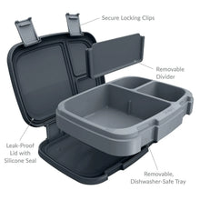 Leak-proof gray lunch box with removable divider, seal lid, and secure clips
