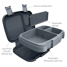 Leak-proof lunch box with locking clips, removable divider tray, and silicone seal lid.