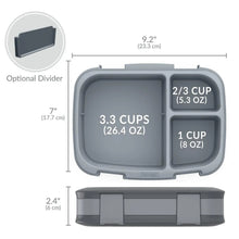 Leak-proof lunch box with 3-section divided tray and side measurement layout.