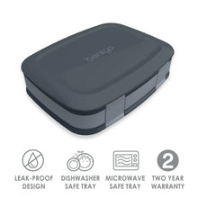 Gray leak-proof lunch box with secure latching clips and rounded lid
