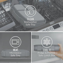 Gray leak-proof lunch box with lid closed, shown in a dishwasher-safe tray
