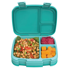 Turquoise lunch box container with open lid showing four separated compartments.