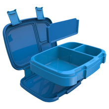 Blue lunch box container set with open lid and two food compartments.