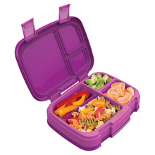 Purple lunch box container with open lid, two compartments, and divider tray.