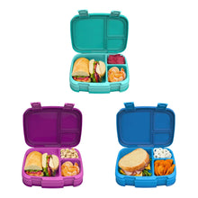 Bentgo lunch box containers in purple, teal, and blue with open compartments.