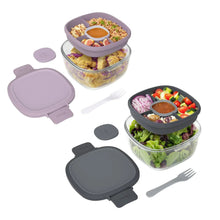 2-pack glass salad containers with silicone lids, clear bowls with lavender and dark-gray lids